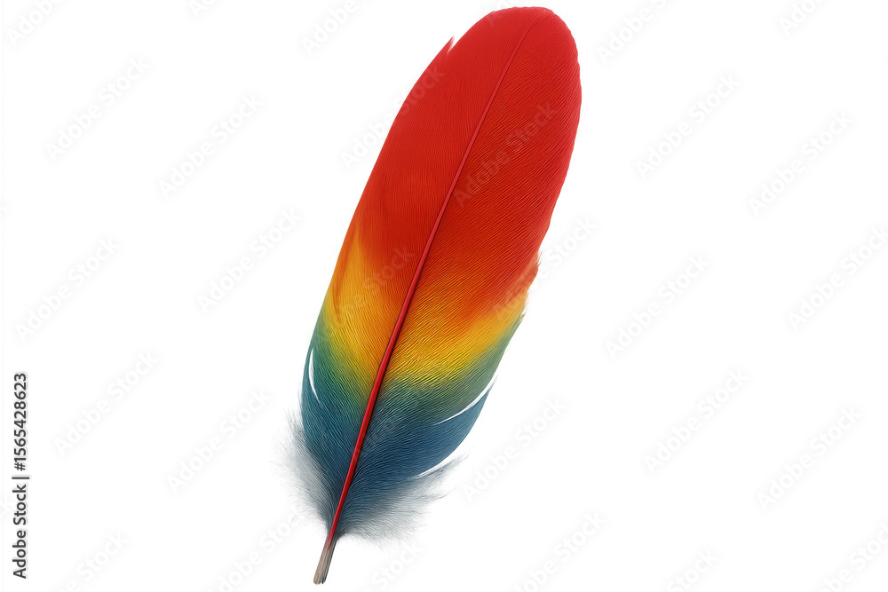 Poster vibrant gradient feather displaying seamless color transition from red through blue against transpar