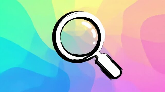 Cartoonish drawing of a magnifying glass with a rainbow gradient background