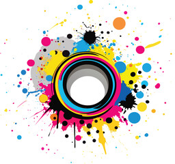 Colorful Abstract Paint Splatter Background Circular Design Element Cyan Magenta Yellow Black