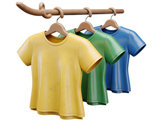 Vibrant Trio: A set of three colorful t-shirts hang from a wooden rack, ready for a new chapter, a fashion story to be told, offering a cheerful, simple, and pure. 