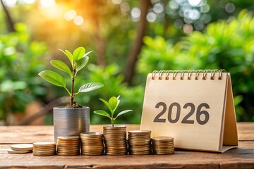 Coins and plants represent financial growth towards the year 2026