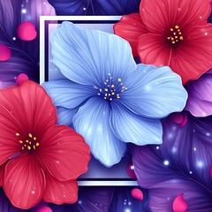 Vibrant floral design featuring a framed arrangement of red and blue flowers amidst dark purple leaves.  Delicate petals and golden centers create a magical, artistic impression