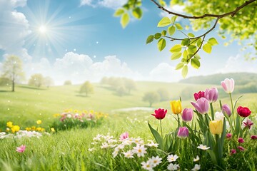 Vibrant spring meadow with blooming tulips daisies and sunlit green hills under a blue sky
