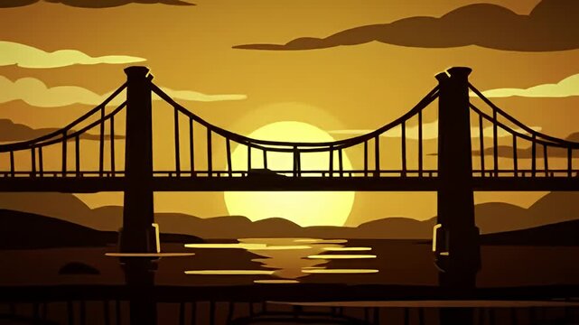 Golden hour silhouette of a bridge spans water, sun peeking through pillars
