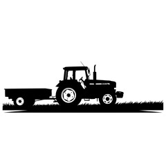 Tractor Silhouette Hauling Agricultural Trailer Across Grassy Field