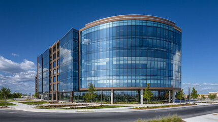 A large glass building with a green tree in front of it