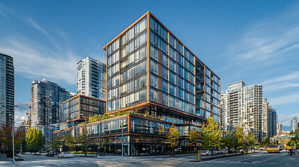 A large building with a lot of windows and a green roof