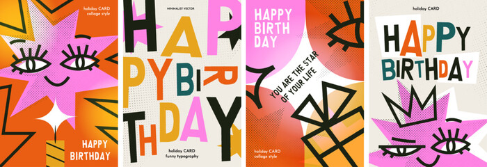 Colorful birthday card set with bold typography, playful illustrations, and vibrant designs. Posters for celebrating special occasions and sending cheerful wishes.