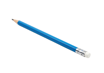 A new blue sharpened wooden pencil with dark graphite tip, white eraser, and silver ferrule with red stripes, lying horizontally on a clean transparent background with copy space, bright diffused