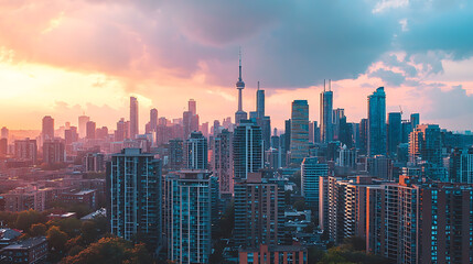 A city skyline with a beautiful sunset in the background