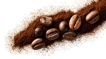 Instant coffee powder with roasted coffee beans isolated on a white background