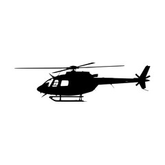 A Black Silhouette of a Modern Helicopter in Flight Against a White Background