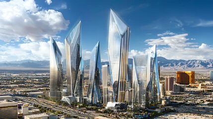 A cityscape with tall buildings and a large hotel