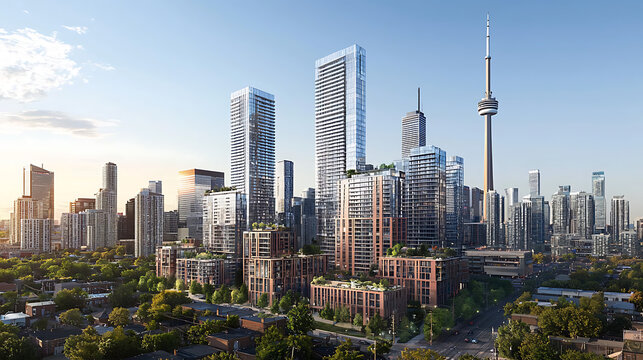 A cityscape with a tall building in the middle