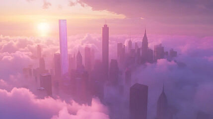A cityscape with a pink sky and a tall building in the middle
