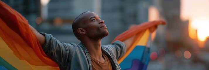 Proud african male celebrating identity with rainbow flag at sunset
