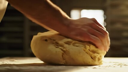 Hands knead dough on a floured surface, illuminated by warm light in a bakery setting