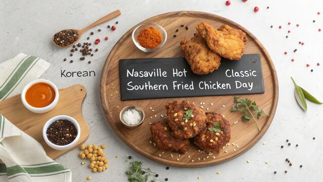 National Fried Chicken Day, Top view of mixed fried chicken styles from global cuisines.
