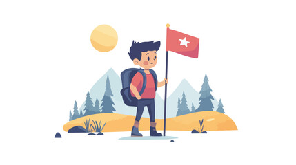 Young Boy Ready for Adventure with Flag Flat Vector Illustration