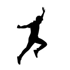 Silhouette of a young man leaping dynamically with arms outstretched in celebration