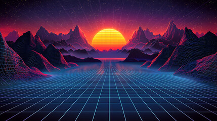 A computer generated image of a mountain range with a sun in the sky