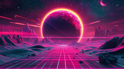 A bright pink planet is surrounded by a glowing red circle
