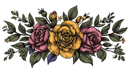 A drawing of three roses with green leaves