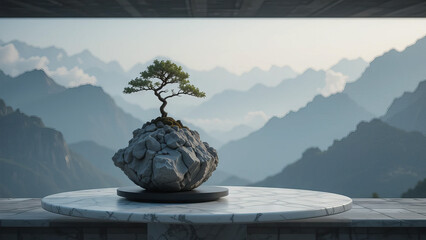 Serene bonsai tree perched on a rock against a misty mountain landscape backdrop