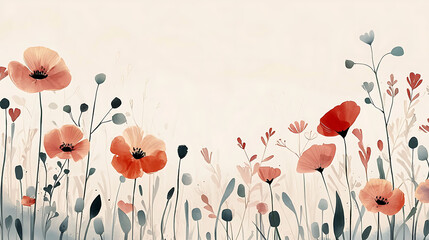 A painting of a field of red flowers with a white background