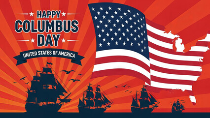 Happy columbus day united states of america with american flag and sailing ships