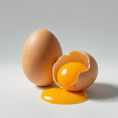 Close up of a cracked brown egg with bright yellow yolk spilling onto a white surface