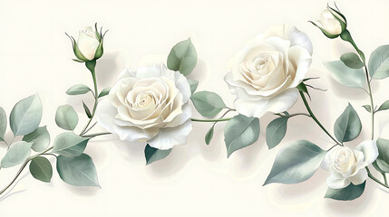 A white rose with green leaves is the main focus of the image