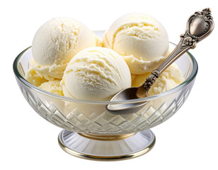 Vintage Glass Dessert Bowl Filled with Vanilla Ice Cream and Decorative Spoon, isolated on transparent background