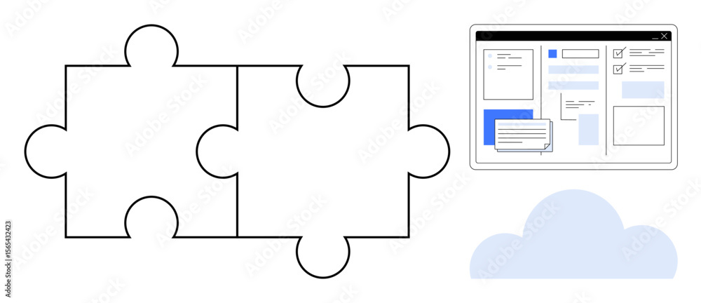 Poster two connected puzzle pieces, digital interface with interaction elements, and a cloud icon. ideal fo