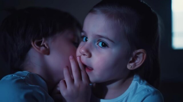 Sisters sharing secrets in dim light creating a sense of mystery and curiosity