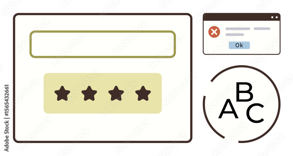 Poster interactive elements including a 4-star rating bar, error message popup, and typography alphabet ico