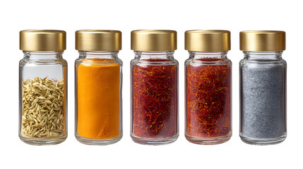 High-Quality Saffron isolated in 5 different containers silver brass glass and stone isolated on a white background