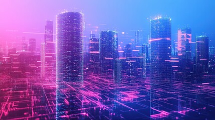 Futuristic city skyline with digital network overlay.