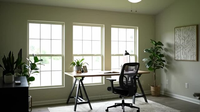 Bright home office with a desk, chair, plants, and large windows