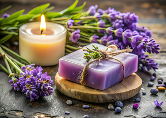 Lavender soap with candle and flowers on stone
