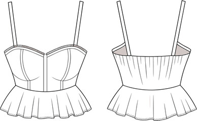 Women’s bustier peplum crop top with spaghetti straps – front and back flat fashion technical sketch for summer or casual wear.