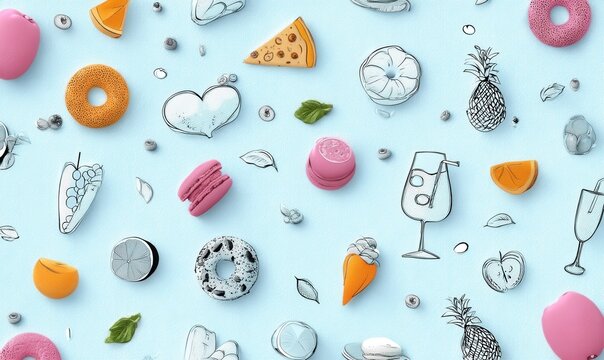 Light blue food pattern with sketch elements - Powered by Adobe