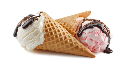 ice cream cone scoop of ice cream pink and white chocolate syrup waffle cone isolated on a white background