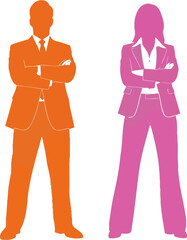 Business professionals man and woman in suits standing confident silhouette