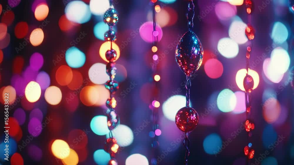 Poster a string of lights with a red ball hanging from it. the lights are colorful and the ball is shiny