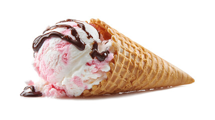 ice cream cone scoop of ice cream pink and white chocolate syrup waffle cone isolated on a white background