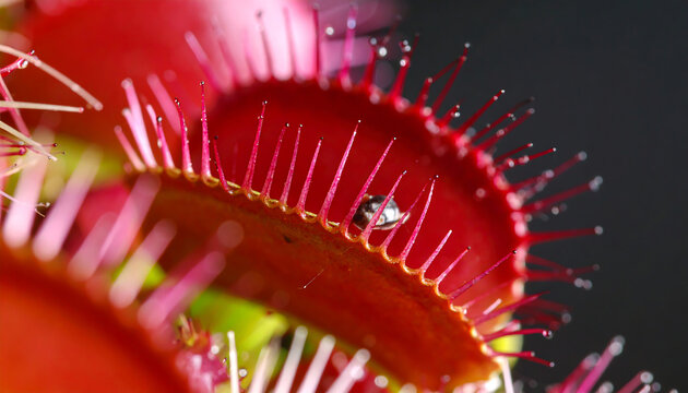 A close-up view of a vibrant Venus flytrap exhibiting its predatory nature with a captured insect inside, highlighting its unique adaptation.