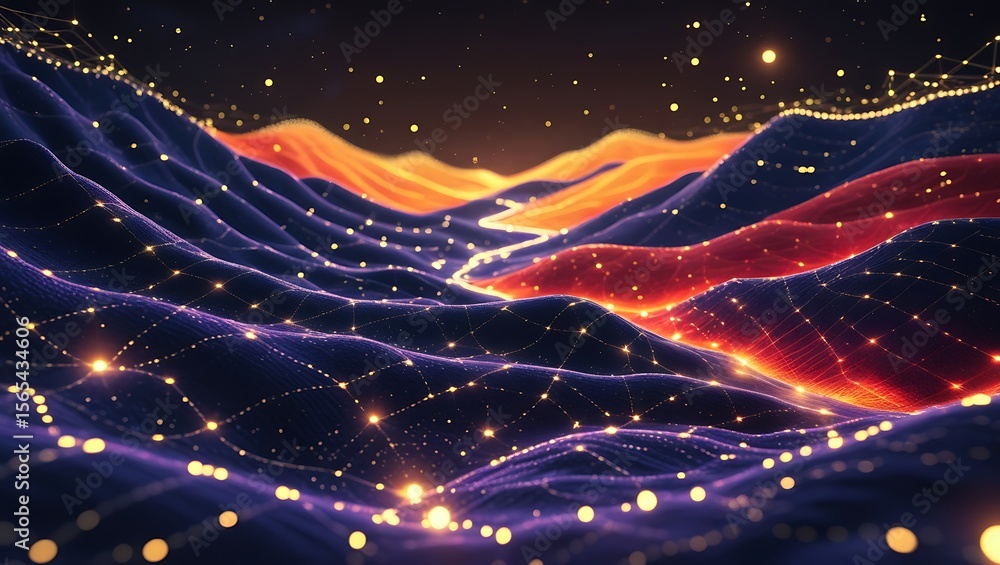 Poster abstract digital landscape with glowing dots and flowing lines in dark space