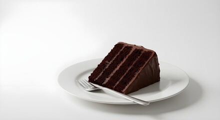 Slice of chocolate cake on a white plate with a fork, minimalist style, clean background, focus on texture and richness of the dessert, concept of indulgence, elegance, and simplicity.