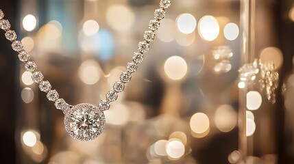 A luxury diamond necklace placed on the left, softly blurred elegant jewelry store